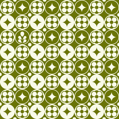 Olive green floral pattern, circles with 4-petaled flowers, diamonds. Geometric, minimalist, repeating design
