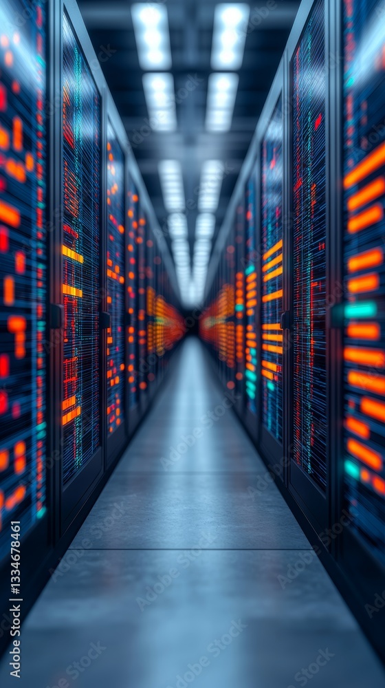 Poster high-tech data center server room modern facility data infrastructure controlled environment perspec