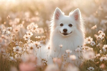 Fototapeta premium White dog in a field of flowers golden hour sunlight