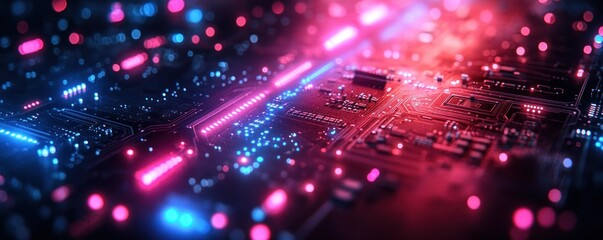 Obraz premium Futuristic Cyberpunk Circuit Board Design with Neon Lights and Digital Connections