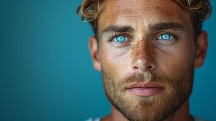 Fototapeta premium Minimalistic Office Photography Scene of a Man with a Side Shave and a Casual Tee on a Dark Turquoise Background
