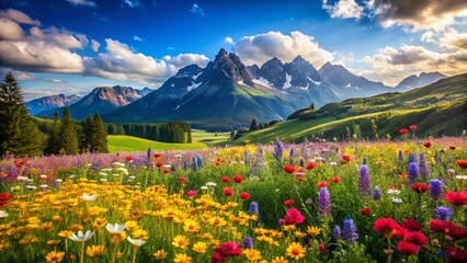 Spring Mountain Bloom: Vibrant Flowers and Majestic Peaks