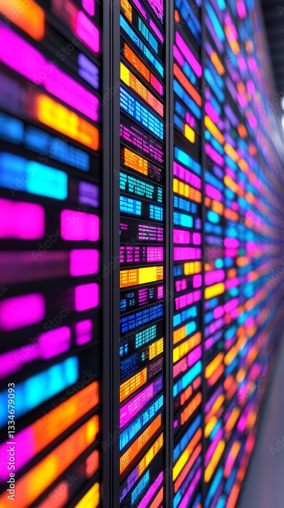 Poster dynamic server racks showcasing vibrant data patterns high-tech facility digital art indoor close-up