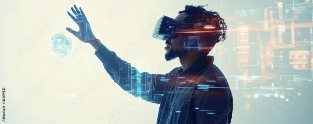 Poster a man explores virtual reality with a headset and digital interface
