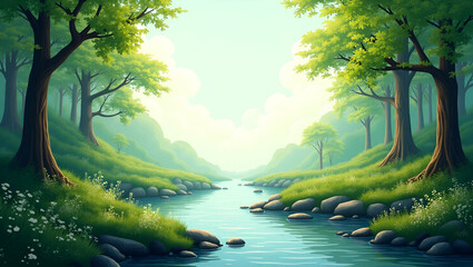 Green forest and river flow border frame with copy space for World Environment Day ecosystem protection concept as Green forest and river flow forming a border with copy space for ecosystem protection