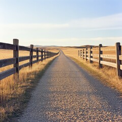 Obraz premium Dirt road lined with wooden fences stretches through golden fields