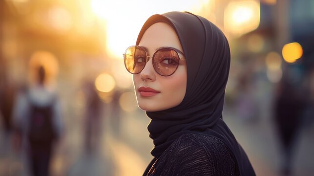 A woman in a hijab and sunglasses gazes thoughtfully at sunset in a bustling urban setting.