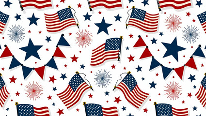 Fototapeta premium Flat Independence Day patriotic seamless tile pattern with flags fireworks stars and celebratory Americana concept as American flags fireworks and patriotic stars create a seamless pattern for Indepen