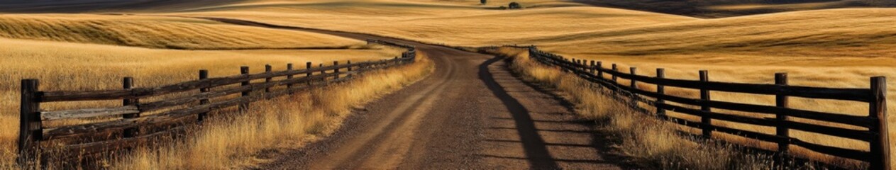 Obraz premium Dirt road winding through golden fields under a clear sky