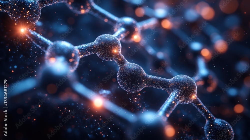 Poster futuristic molecular structures digital art visualization with dna molecules and abstract hexagons