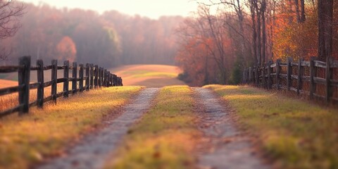 Obraz premium Dirt road winding through autumnal landscape under soft sunset light