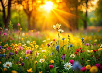 Fototapeta premium Spring Renewal: Tilt-Shift Miniature Flower Meadow in Soft Sunlight