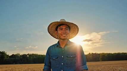 A cheerful young asian farmer in a straw hat stands in a golden wheat field, smiling as the sun rises. Concept of hard work and the dedication of agricultural workers to sustainable farming.