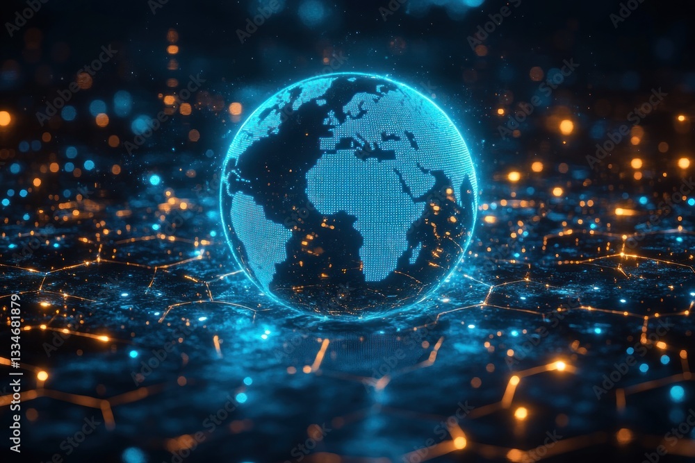 Poster futuristic digital world map with glowing hexagons and ambient lighting
