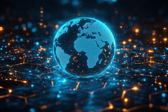 Futuristic Digital World Map with Glowing Hexagons and Ambient Lighting