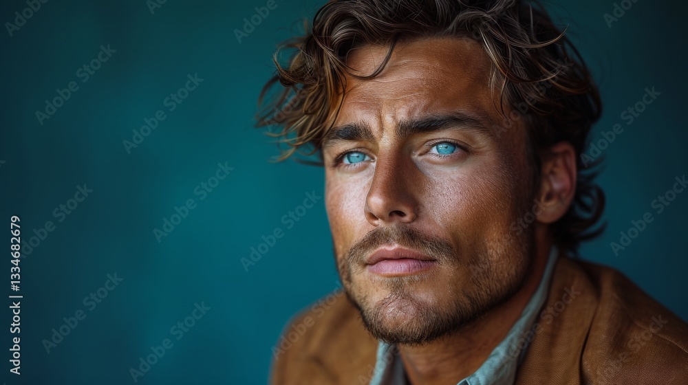 Aufkleber minimalistic portrait of a man with a casual blazer on a dark aqua background rendering