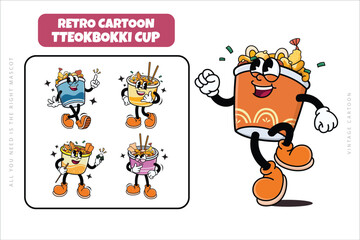 Set of Korean Traditional Street Food Tteokbokki Cartoon Illustration with Varied Poses and Expressions