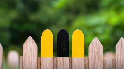 Vibrant wooden fence with colorful wooden posts in a serene outdoor setting.