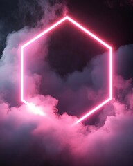 Fototapeta premium Pink Neon Hexagon in Smoky Environment