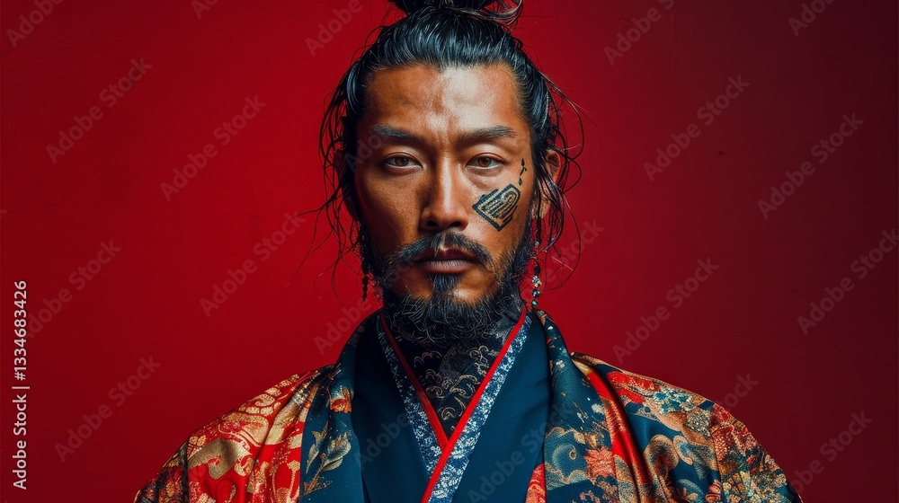 Poster minimalistic portrait of a man with a topknot and kimono on a dark red background rendering