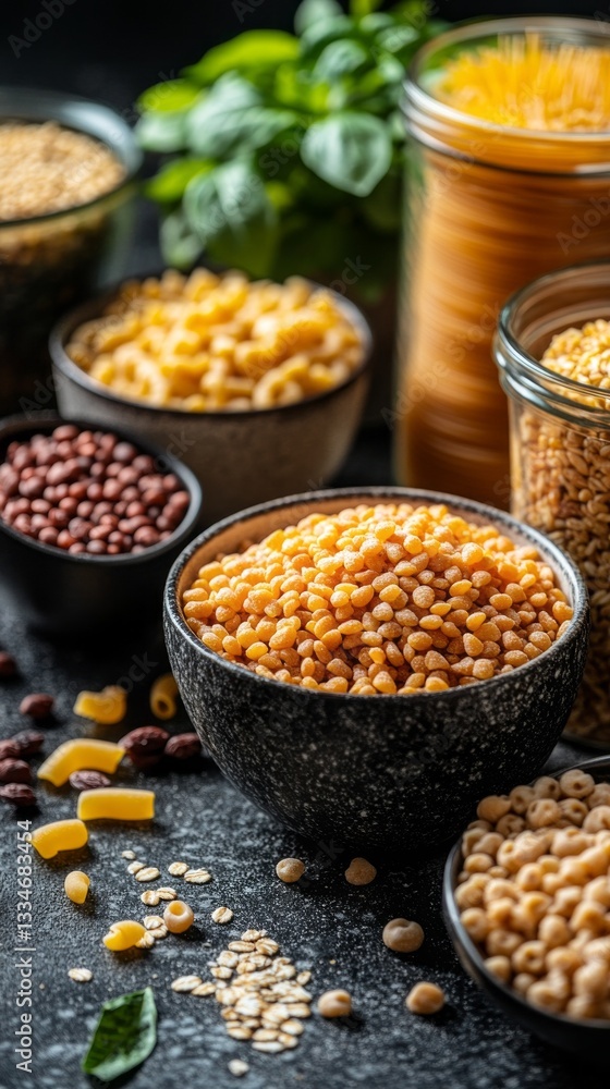 Poster various bowls filled with colorful grains and legumes are displayed on a dark countertop. light filt