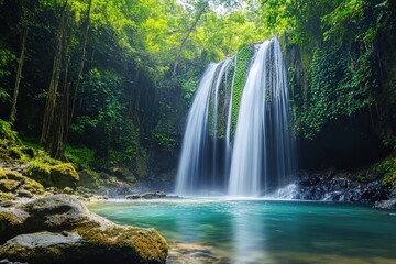 Obraz premium Explore the Vibrant Beauty of a Tropical Rainforest With a Stunning Waterfall Cascading Into a Tranquil Pool Beneath Towering Trees