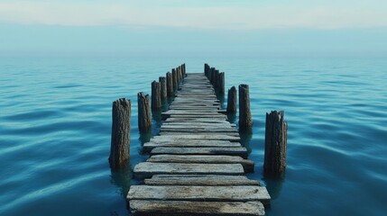 Fototapeta premium Weathered Wooden Posts of a Broken Pier Stretching into a Serene Blue Sea
