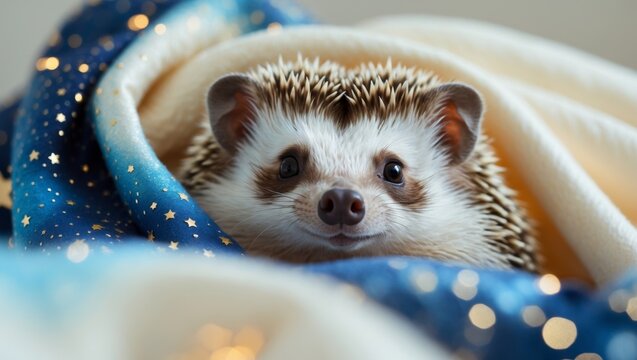 Shy Hedgehog Peeking Out from Glowing Starry Pajamas and Blanket