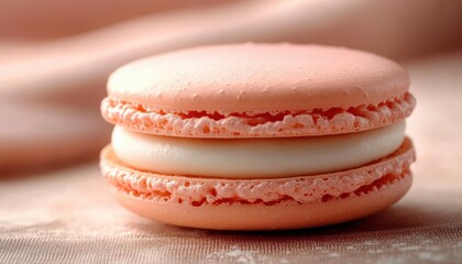 Close-up of a delicate peach macaron on a textured pastel surface with soft natural lighting