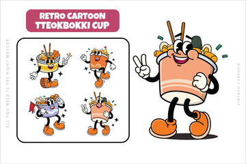Set of Korean Traditional Street Food Tteokbokki Cartoon Illustration with Varied Poses and Expressions