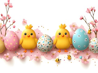 Easter Delights: Adorable chicks and vibrantly decorated eggs create a whimsical scene, perfect for celebrating the joy of Easter.