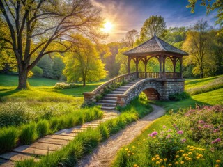 Fototapeta premium Springtime Countryside Park Walk: Blooming Flowers & Scenic Pathway