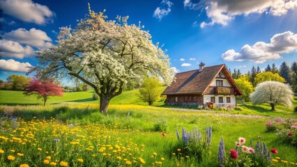 Obraz premium Springtime Countryside Retreat: Blooming Flowers & Serene Landscape