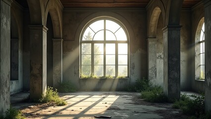 Fototapeta premium Abandoned Room with Sunlight Streaming Through Large Arch Windows