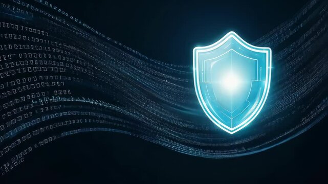 A glowing digital shield symbolizes cybersecurity, surrounded by flowing binary code, representing data protection.