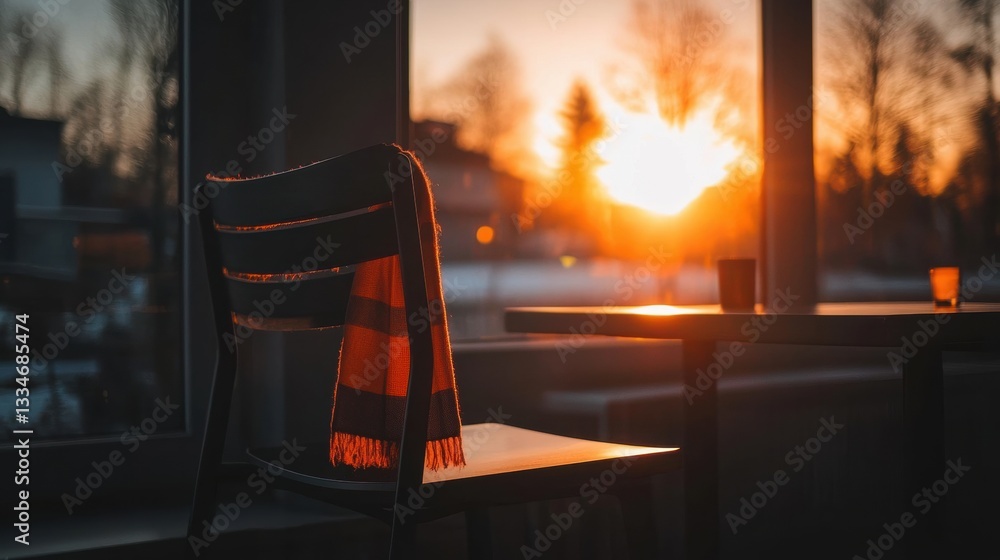 Poster a chair with a scarf draped over it sits in front of a window, with a table and cup on it.