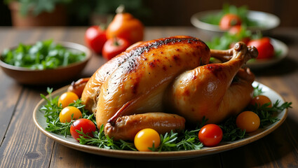 Flat Delicious roasted turkey served with fresh herbs vegetables and fruits perfect for festive holiday meals like Thanksgiving and Christmas. concept as Roasted turkey served with fresh herbs vegetab