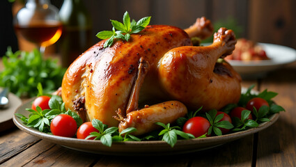 Delicious Roasted Turkey with Fresh Herbs, Vegetables, and Fruits: The Perfect Centerpiece for Your Festive Holiday Meals This Thanksgiving and Christmas - Stock Photo Concept with Space for Text
