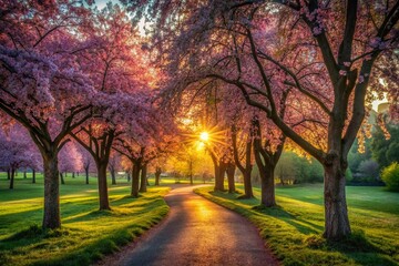 Naklejka premium Springtime Park Walk: Serene Morning Breeze, Low Light Photography