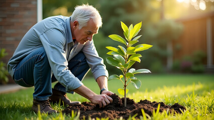 Fototapeta premium Flat Senior man planting tree at home representing environmental stewardship sustainability and home gardening practices concept as Senior man planting tree at home representing environmental stewards