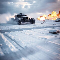 futuristic armored vehicle in snow battle explosions
