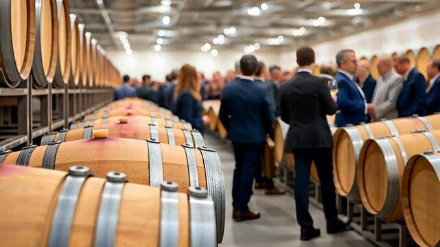 A group of business professionals dressed in formal attire gathers for an exclusive corporate event in an elegant wine cellar surrounded by barrels. concept of corporate networking, luxury business ev