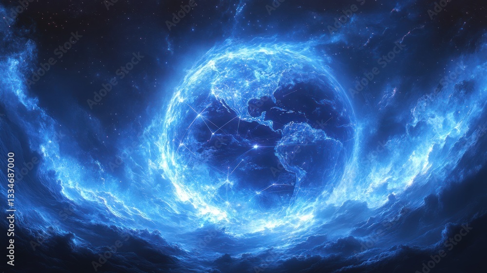 Poster global network connection digital artwork futuristic earth communication technology data visualizati