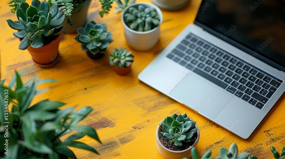 Poster minimalistic top view of a laptop with a small succulent on a yellow desktop background with perfect