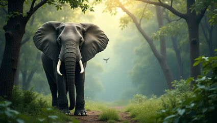 Fototapeta premium Majestic Elephants in Lush Forests: Perfect Photo Stock Concept for World Wildlife Day Designs with Ample Copy Space for Conservation Messages on the Left Side