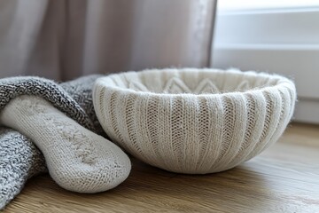 A soft knitted bowl and a matching accessory resting near a window