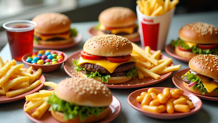 Vibrant Fast Food Assortment: Burgers, Fries, Candies & Snacks Artfully Arranged on Plates - Perfect for Stock Photos with Space for Text on the Left