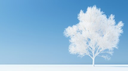 A solitary white tree stands against a clear blue sky.