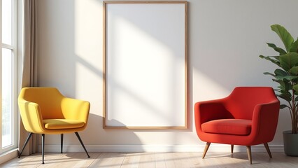 Cozy Living Room with Yellow and Red Chairs and Blank Canvas Frame