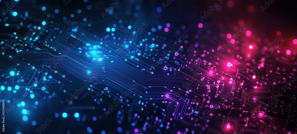 Poster futuristic digital circuit design with neon glow and cyberpunk aesthetic for technology and ai appli